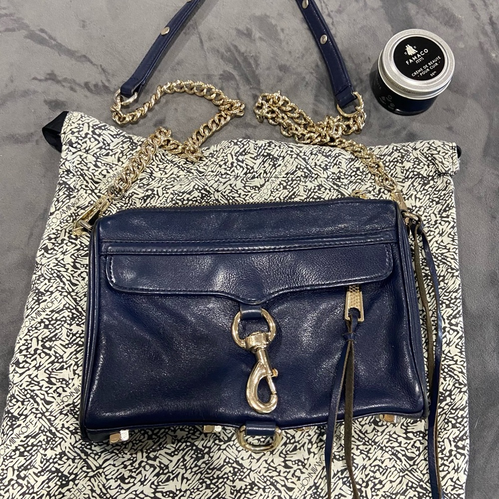 Rebecca Minkoff Purse Navy Blue, has dust bag, cream to shine